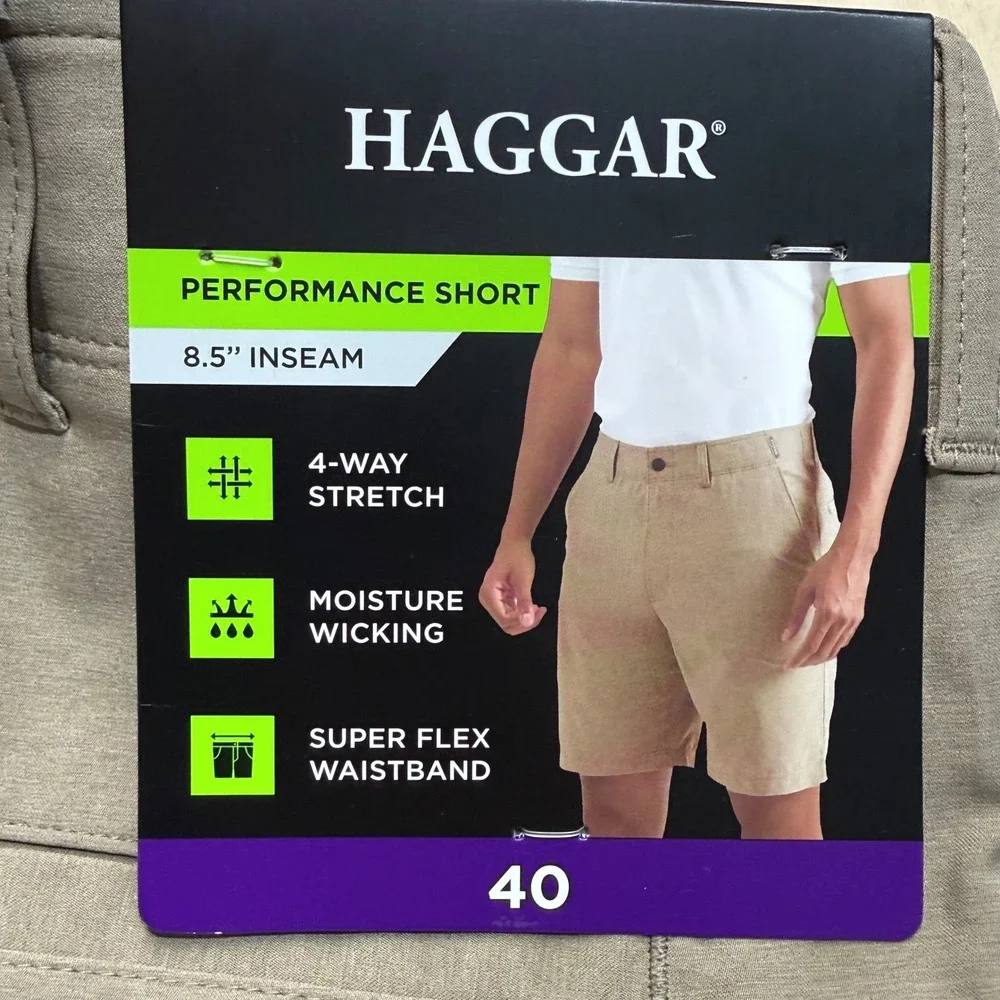 Haggar Performance Shorts Mens 40 Khaki Tan 4-Way Stretch Moisture Wicking 8.5in